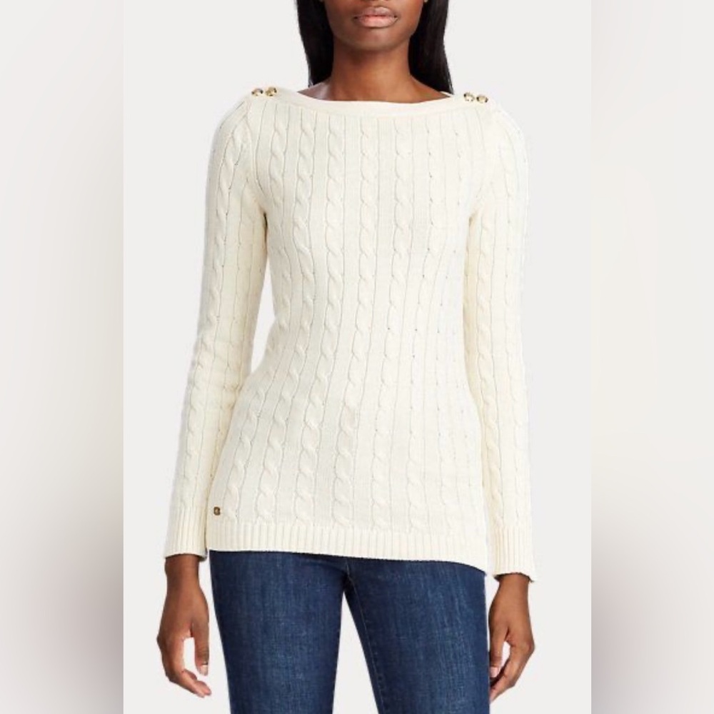 Lauren Ralph Lauren Boat Neckline Cotton Cable Top In Ivory Size M